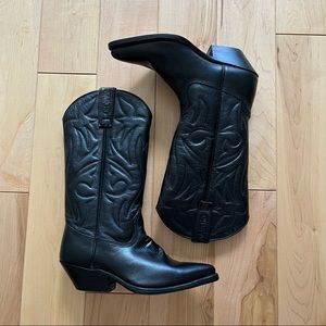 Sancho Black Leather Embossed Embroidered Pointed Toe Western Cowboy Boots